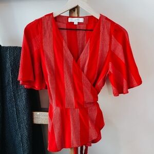 LOFT Red Wrap Blouse with Flutter Sleeves (Size S)